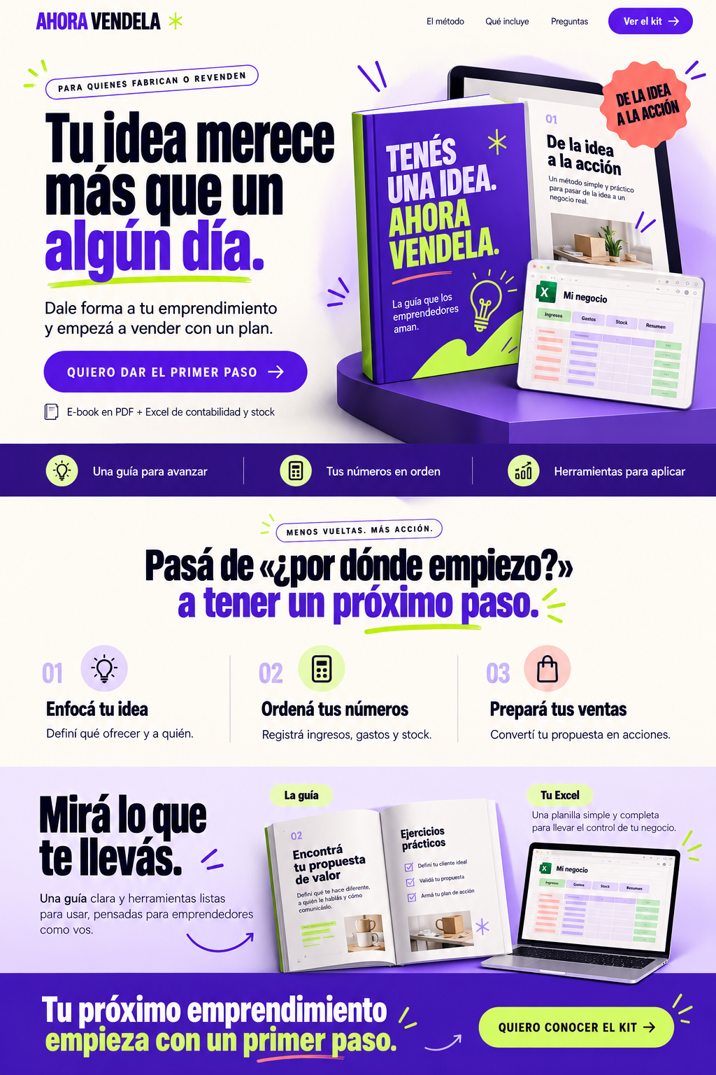 Presentación ilustrativa del e-book Tenés una idea. Ahora vendela, junto a una planilla de gestión